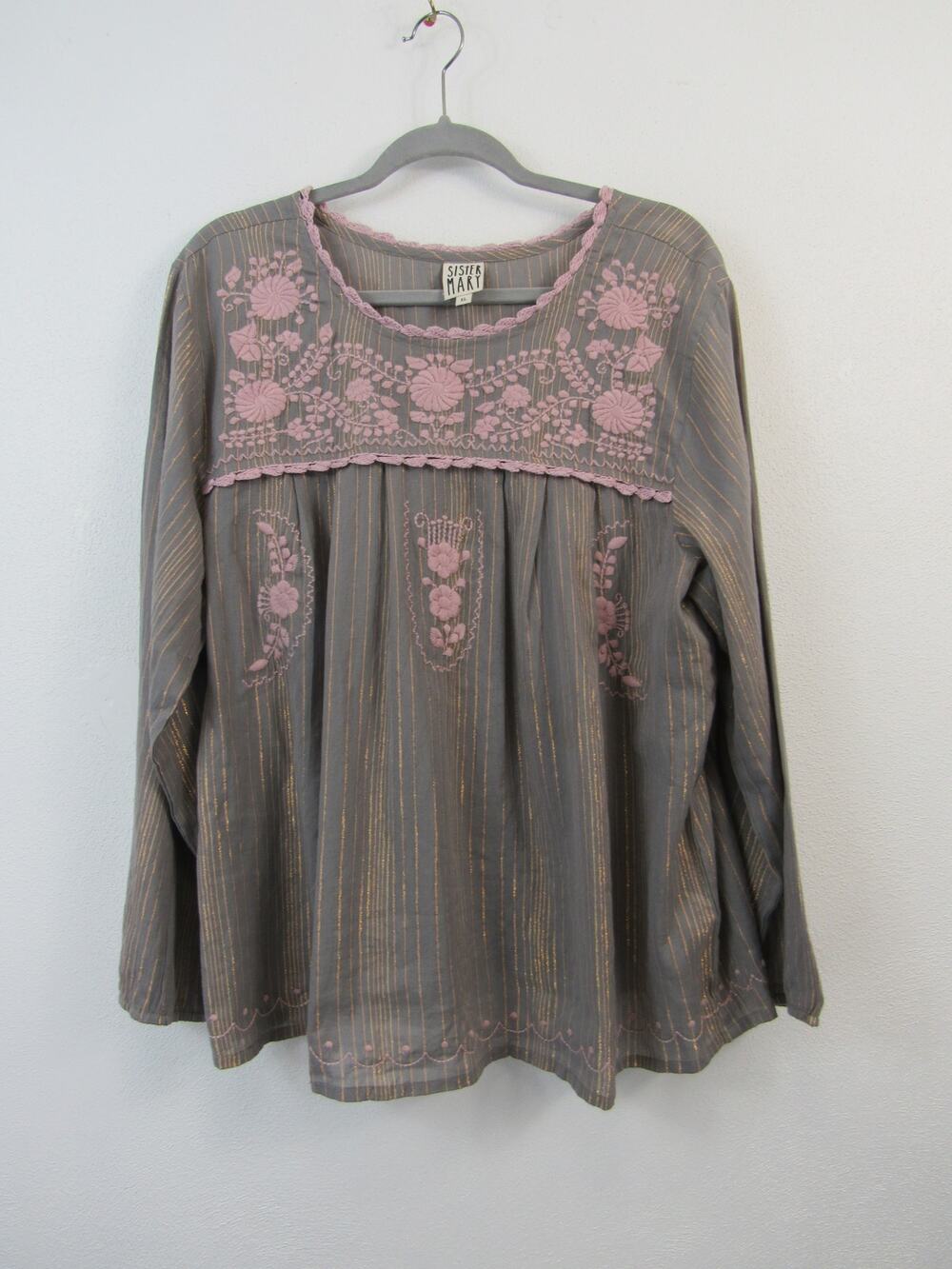 Sister Mary XL Gray Boho Blouse Pink Embroidery Metallic Stripes Long Sleeves